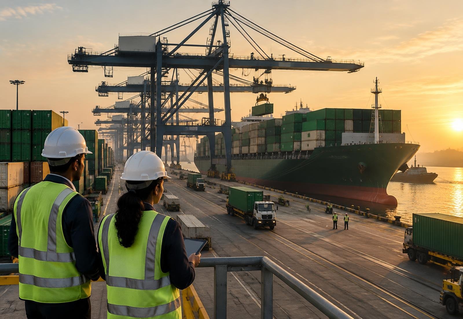 Logistics professionals overseeing cargo at a container port