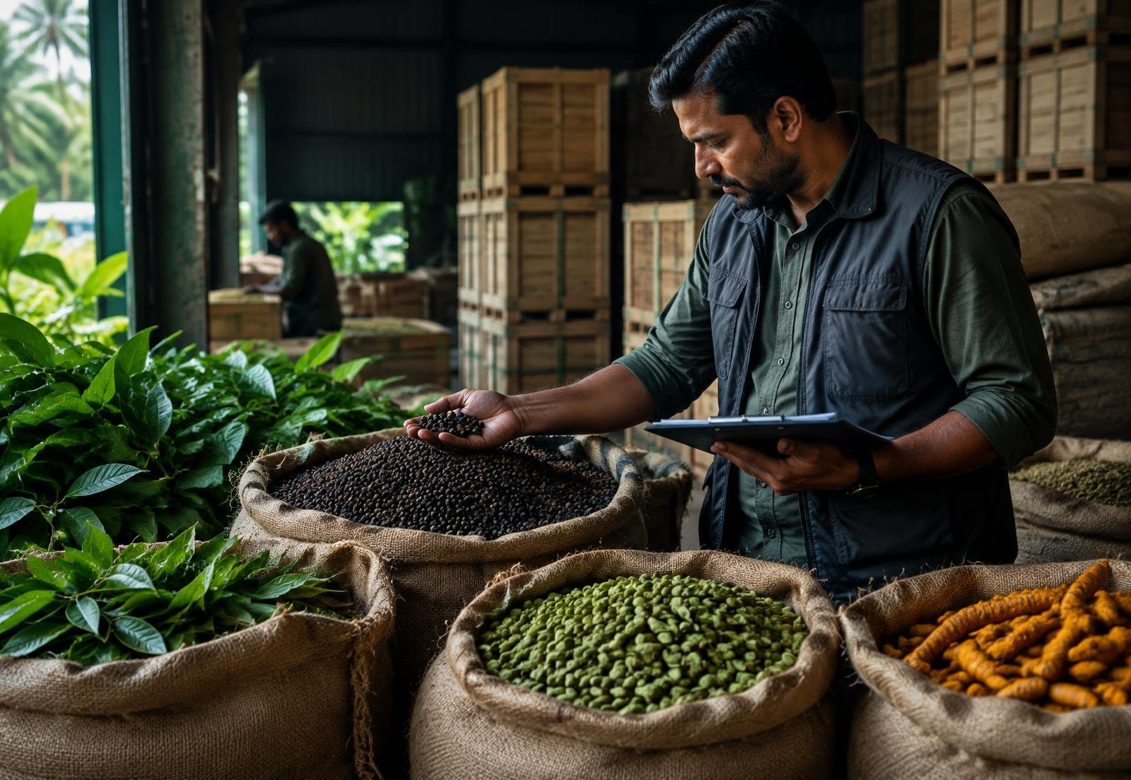 A quality specialist inspecting Kerala spices for export