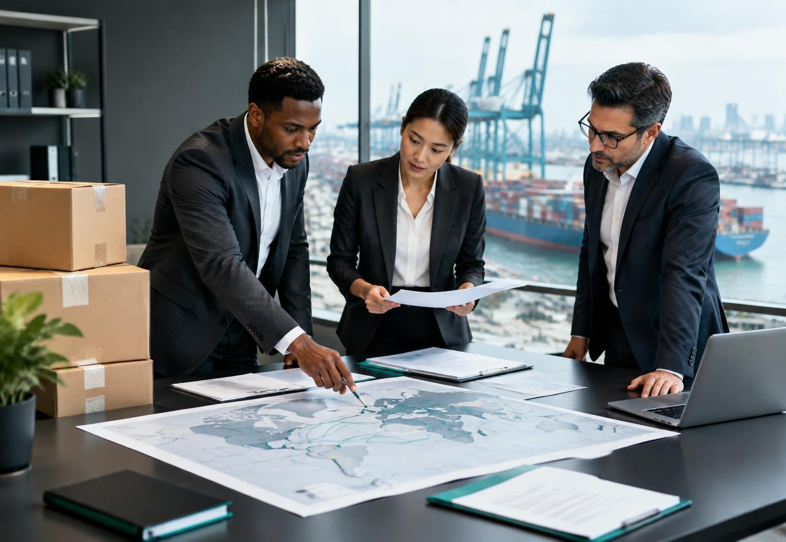 International trade partners reviewing routes and shipping documents