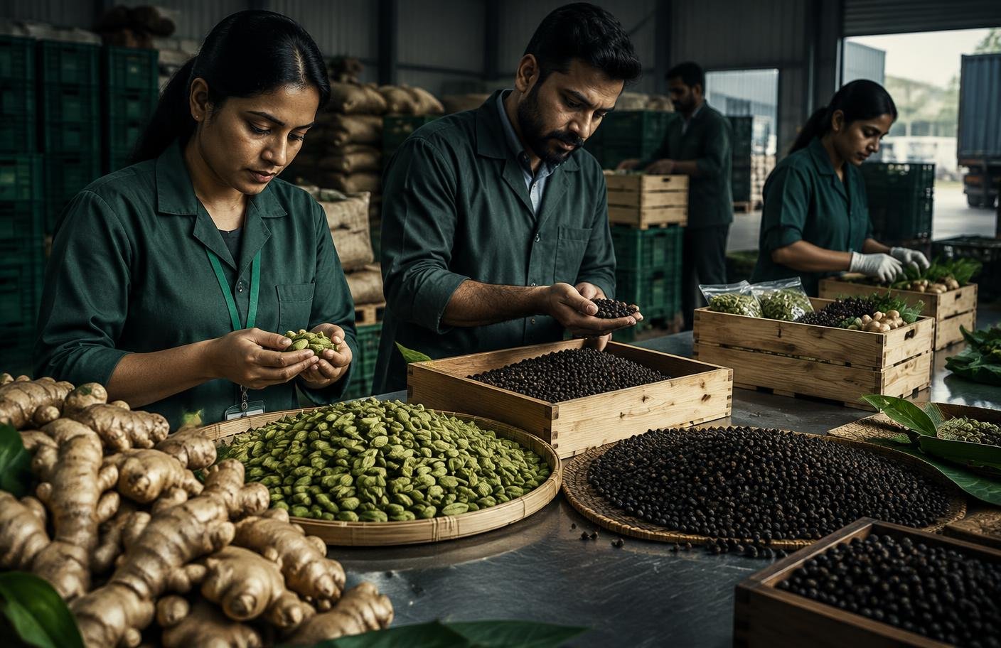 Kerala export specialists inspecting cardamom, pepper, and ginger