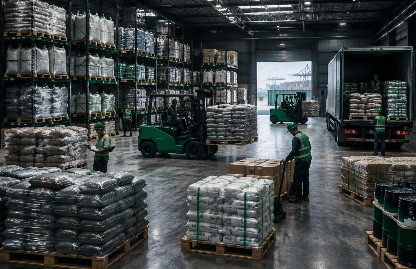 Bulk commodities organized for wholesale distribution in a modern warehouse