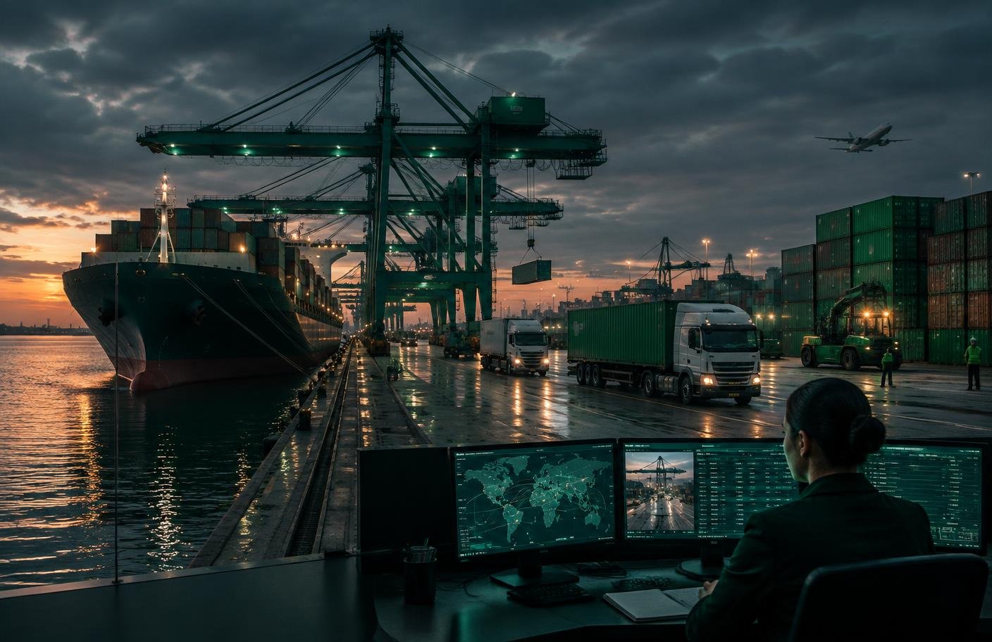 Container port, cargo ship, and logistics control operation